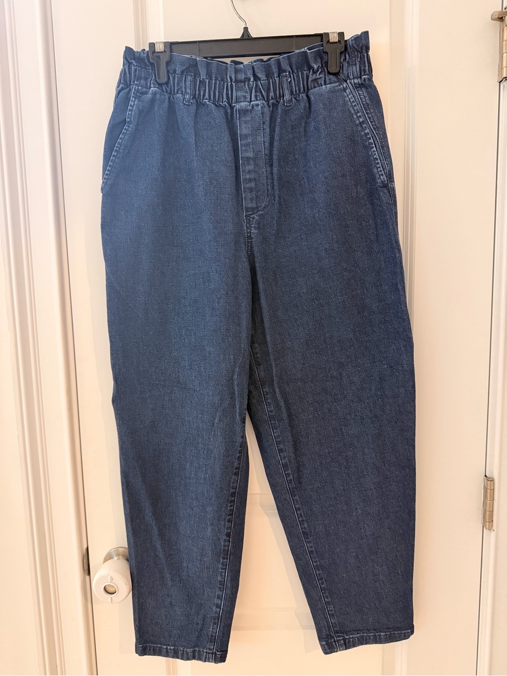 Womens- paper bag waist-Casual Elastic-Waist Dark Blue Denim Barrel Jeans